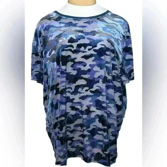 We the Free People Large Blue Velvet Burnout Camo Tee Oversized Shirt - Picture 2 of 8